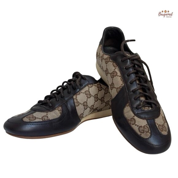 Auth GUCCI Brown Guccissima Canvas/Leather Interlocking GG Sneakers 6.5 - Picture 1 of 11